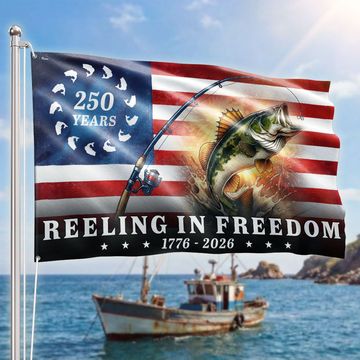 Discover Bass Fish Flag, 250 Years Reeling in Freedom Grommet Flag