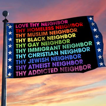 Discover Love Thy Neighbor Peace Feminism BLM Homeless LGBT Grommet Flag, Hippie Flag