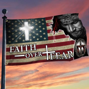 Discover Faith Over Fear. Jesus Christian Cross American Flag