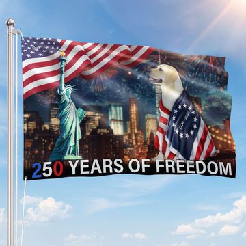 Discover 250 Years of Freedom Flag | Patriot Dog Wrapped in Glory Grommet Flag