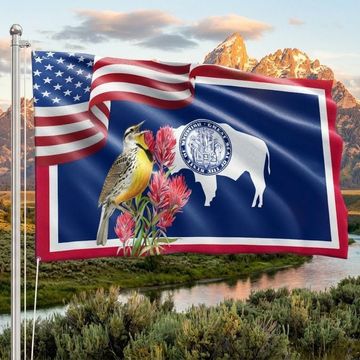 Discover Wyoming Meadowlark Bird and Indian Paintbrush Flower Grommet Flag