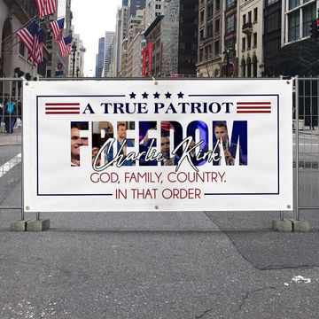 Discover Charlie Kirk Tribute Fence Banner God Family Country