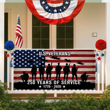 Discover US Veterans 250 Years of Service Fence Banner, Patriotic Military Outdoor Flag