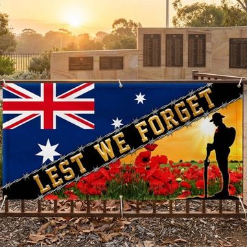 Discover Anzac Day Australia Red Poppy Remembrance Day. Lest We Forget Veteran Fence Banner