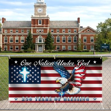 Discover 250 Years of Blessings Flag, One Nation Under God Christian Cross Fence Banner