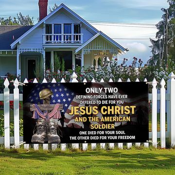Discover U.S. Veteran Day Jesus Christ And The American Soldier Fence Banner