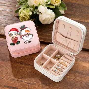 Discover Personalised Santa Hat Cartoon Character Snowman Reindeer Initial Leather Travel Jewellery Box with Name Birthday Christmas Gift for Women Girls