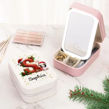 Discover Personalised Santa Hat Initial Cartoon Character Travel Jewellery Box with Name and Changing Colour LED Makeup Mirror Birthday Christmas Gift for Women