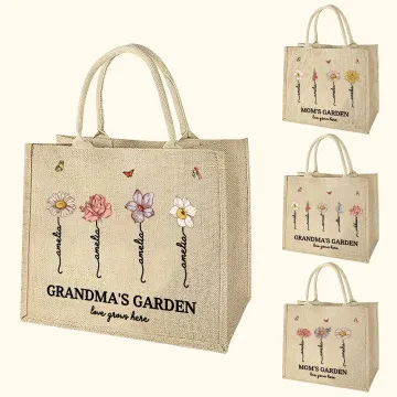 Discover Personalised 1 - 12 Birth Flowers Reusable Jute Tote Bag with Title and Name Birthday Travel Accessories Gift for Family