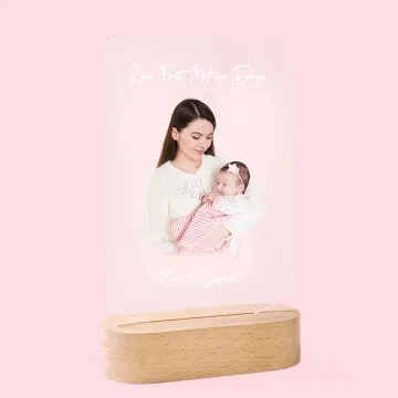 Discover Personalised Photo LED Night Light with Wood Base Mother's Day Birthday Gift for Mom