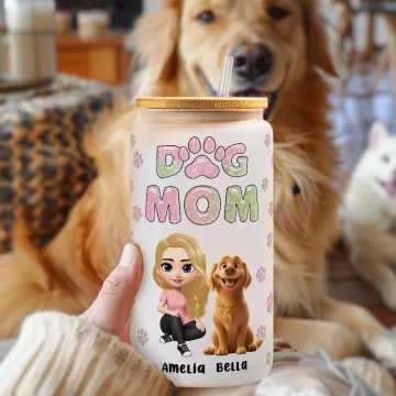Discover Personalised Dog Mom 3D Cartoon Character and 1-4 Dogs 20 oz Frosted Glass Cup with Lid and Straw Birthday Gift for Women Dog Lovers