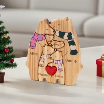 Discover Personalised Wooden Cute Scarf Hug Bear Family Puzzle with Lover Heart and 2-8 Names Desk Decoration Birthday Anniversary Gift for Family