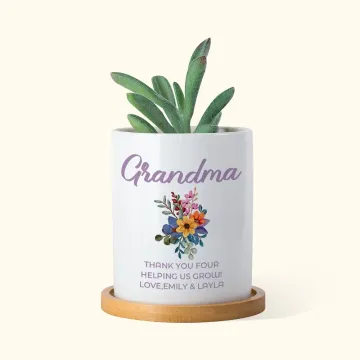 Discover Personalised Beautiful Bouquet Ceramic Plant Pot and Bamboo Base with Name Birthday Mother's Day Gift for Mother Grandmother