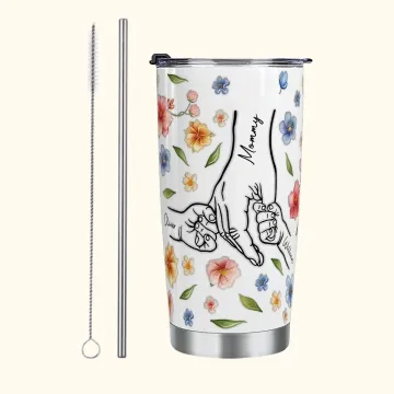 Discover Personalised Watercolour Flowers 3D Effect Hand in Hand 20oz Tumbler with 1-9 Kid Names Straw and Brush Birthday Mother’s Day Gift for Her