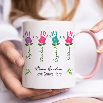 Discover Personalised Multicolour Kid Palm Grandma's Garden 11 oz Ceramic Mug with 1-12 KId's Names and Subtitle Mother's Day Birthday Gift for Mom Grandma