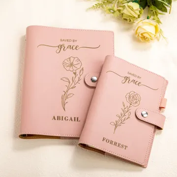 Discover Personalised Saved By Grace Birth Flower Name Leather Binder Notebook with Compartment Birthday Mother's Day Gift for Her