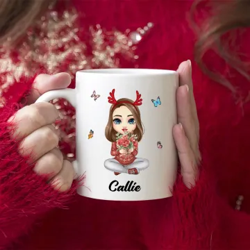Discover Personalised Cartoon Mom Grandma Holding Birth Flower Bouquet 11oz 15oz Ceramic Mug with Name Birthday Christmas Gift for Women