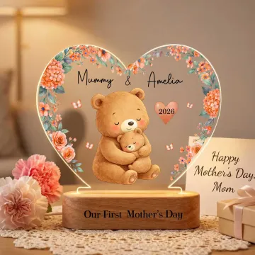 Discover Personalised Cute Mom-Child Animal Floral Heart Shape Acrylic LED Night Light with Name and Wooden Base First Mother's Day Gift for New Mom