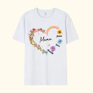 Discover Personalised Watercolour Floral Love Heart 100% Cotton T-shirt with 1-10 Kid Names Mother's Day Birthday Gift for Grandma Mom