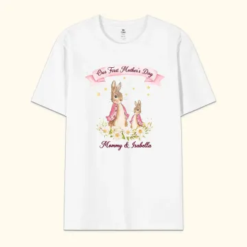 Discover Personalised Our First Mother’s Day Peter Rabbit Bunny Floral Adult T-Shirt with Names Mother’s Day Gift for New Mom