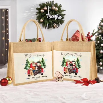 Discover Personalised Christmas Snowflake Cartoon Character Large Jute Tote Bag with Name and Title Christmas Gift for Women Family