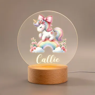 Discover Personalised Rainbow Floral Fantasy Unicorn LED Night Light with Wooden Base and Name Nursery Kid Room Decor Birthday Baby Shower Gift for Girls