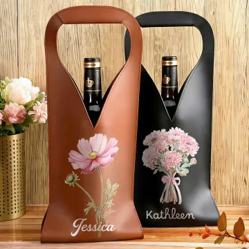 Discover Personalised Birth Flower Bouquet Wreath PU Leather Protective Wine Bag with Initial and Name Mother's Day Birthday Anniversary Gift for Wine Lovers