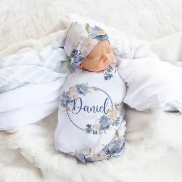 Discover Personalised Watercolour Flower Wreath 100% Cotton Soft Swaddle and Knot Hat Set with Name Baby Photo Props Baby Shower Gift for Newborn