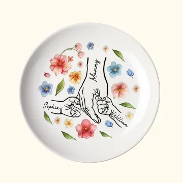 Discover Personalised Hand in Hand Watercolour Floral Ceramic Jewellery Dish with 1-9 Kid Names Birthday Anniversary Gift for Mom Grandma