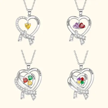 Discover Personalised 1-4 Birthstones and Names Heart Necklace for Mother 's Day Anniversary Birthday