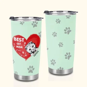 Discover Personalised Best Cat Mom Heart Pet Paw Print 20oz Tumbler Name Tumbler with Lid Birthday Gift for Pet Lover