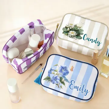 Discover Personalised Multicolor Birth Flower Striped Makeup Bag with Name and Tassel Travel Essential Birthday Mother's Day Gift for Women