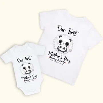 Discover Personalised Our First Mother's Day 100% Cotton T-shirt and Baby Onesie Matching Outfit with Cute Panda Pattern Mother's Day Gift for Newborn New Mom