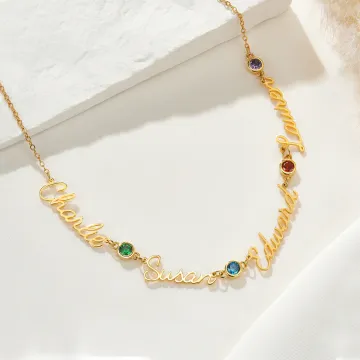 Discover Personalised 1-5 Family Birthstones and Names Necklace Minimalist Jewellery Anniversary Birthday Gift for Women
