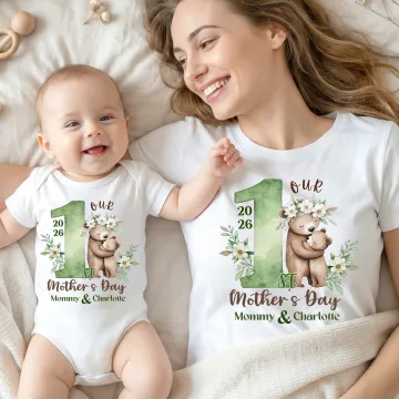 Discover Personalised Cute Teddy Bear 100% Cotton T-shirt Baby Bodysuit with Name Birthday 1st Mother's Day Gift for Mother Baby