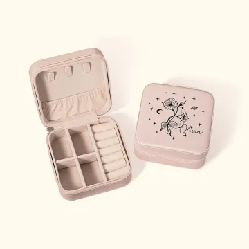 Discover Personalised Zodiac Birth Flower Jewellery Box Travel Case with Name Birthday Bridesmaid Gift for Women Girls