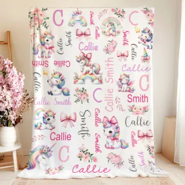 Discover Personalised Floral Rainbow Fantasy Unicorn Pink Bow Soft Throw Blanket with Name Nursery Decor Baby Shower Birthday Gift for Newborns Girls