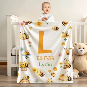 Discover Personalised Cute Bee Flower Soft Throw Blanket with Name and Initial Nursery Decor Baby Shower Birthday Gift for Newborn Baby