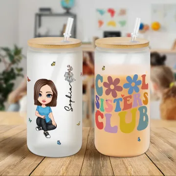 Discover Personalised Cool Sisters Club Cartoon Character Birth Flower 20oz Frosted Glass Cup with Name and Straw Birthday Gift for Women Girls