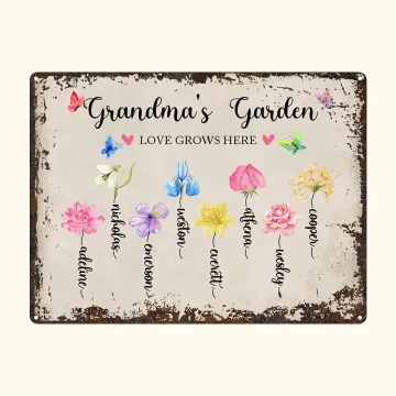 Discover Personalised Watercolour Birth Flower Garden Vintage Tin Sign Decorative Wall Painting with Name Mother's Day Birthday Gift for Mom Grandma