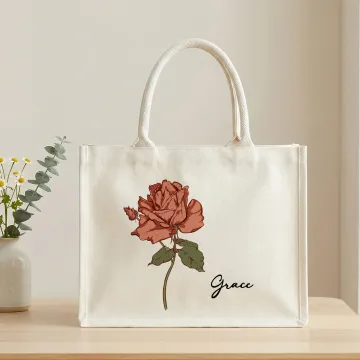 Discover Personalised Vintage Birth Flower Canvas Large Tote Bag with Name Daily Use Mother's Day Birthday Gift for Mom Grandmother