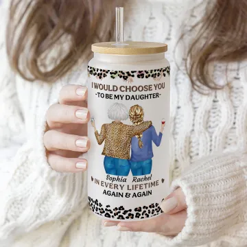 Discover Personalised Leopard Cartoon Mother and Daughter 20 oz Frosted Clear Glass Cup with Name and Straw Birthday Gift for Women