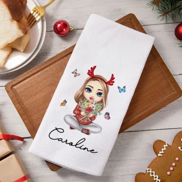 Discover Personalised Cartoon Family Birth Flower 100% Cotton Absorbent Waffle Tea Towel with  Name Kitchen Decor Birthday Housewarming Gift for Mom Grandma