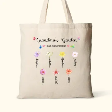 Discover Personalised Grandma's Garden Watercolour Birth Flower Canvas Tote Bag with 1-14 Names Mother's Day Birthday Gift for Woman