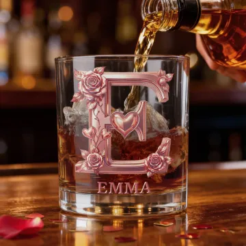 Discover Personalised Rose Love Initial 10 oz Rock Whiskey Glass with Name Mother's Day Birthday Gift for Woman Whiskey  Drinker Bartender