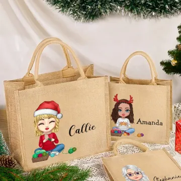 Discover Personalised Cute Cartoon Knitting Character Jute Tote Bag with Name Christmas Birthday Gift for Mom Grandma Knitting Lovers