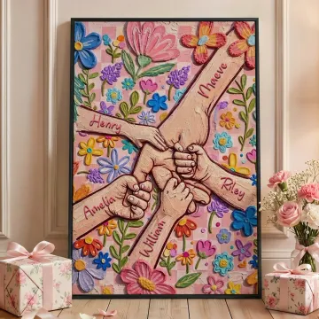 Discover Personalised Oil Painting Style Flower Holding Hands Poster Painting Framed Painting with Name Home Decor Mother's Day Birthday Gift for Mom Grandma