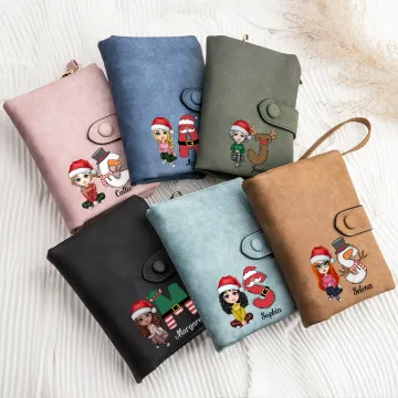 Discover Personalised Cartoon Character Christmas Initials Leather Tri-Folded Wristlet Name Wallet with Card Holder Birthday Anniversary Gift for Family Friend