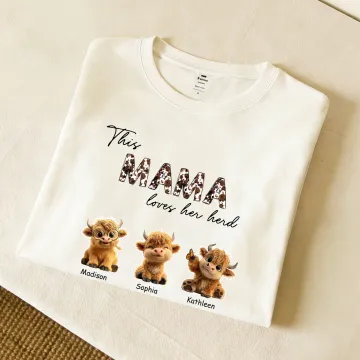 Discover Personalised 1-10 Cute Highland Cows Multicolor Soft T-shirt Sweatshirt Hoodie with Title and Names Birthday Mother's Day Gift for Mom Grandma
