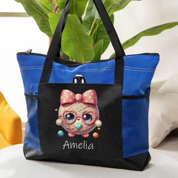 Discover Personalised Cute Bow Glass Yarn Ball Large Oxford Tote Bag with Name and Mesh Pockets Travel Essentials Birthday Gift for Crochet Lovers